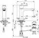 Ideal Standard Armatur mit einem modernen Design, Wasserhahn mit seitlichem Hebel, installierbar auf einer Arbeitsplatte, schematische Maße und Anschlussdetails abgebildet.